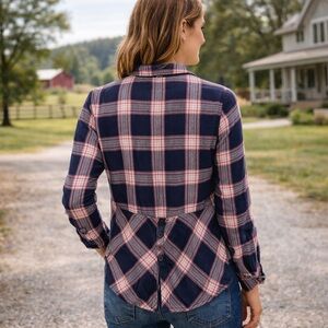 Lucky Brand Navy and Pink Plaid Button-Down Shirt